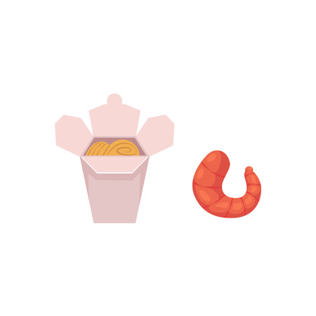 vector flat Asian wok udon noodles in paper box and large royal shrimp. Stir fry eastern fast-food icon for menu design. Isolated illustration on white background.のイラスト素材