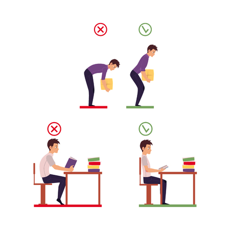 Correct and incorrect neck, spine alignment of young cartoon man character sitting at desk, lifting weight. Head bending positions, inclination of neck, spine care concept vector isolated illustration.のイラスト素材
