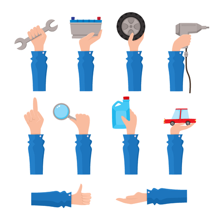 Set of auto service, maintenance icons with hand holding tools, pointing up, showing thumb up, flat vector illustration isolated on white background. Set of flat auto service, maintenance icons.のイラスト素材