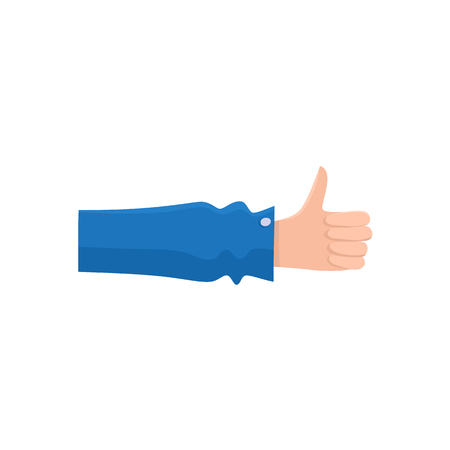 Vector flat handyman worker man hand in blue uniform, maintenance, mechanic service employee showing thumbs up gesture sign. Isolated illustration on a white background.のイラスト素材