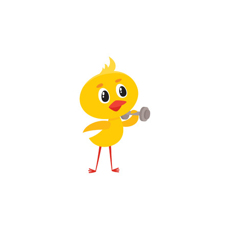 Happy cute baby chicken character doing sport exercises, training with a dumbbell, Easter icon, cartoon vector illustration on white background. Easter baby chicken character training with a dumbbell.のイラスト素材
