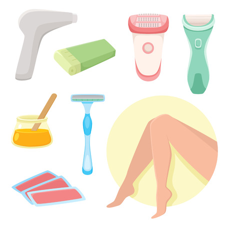 vector flat hair removal tools set. Electric epilator, shaver, shaving razor, waxing strips, hot wax in bowl laser machine, well-groomed woman legs icons . Isolated illustration on a white background.のイラスト素材