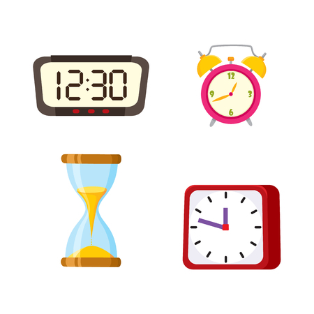 Flat vector types of clocks set. Digital rectangle and analog square, circle table alarm clock, vintage hourglass or sand glass icon isolated illustration on a white background.のイラスト素材