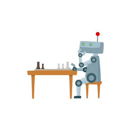 Funny flat humanoid robot sitting at stool playing chess. Male thoughtful character with gears, antenna at head. Modern technology, artificial intelligence concept isolated vector illustration.のイラスト素材