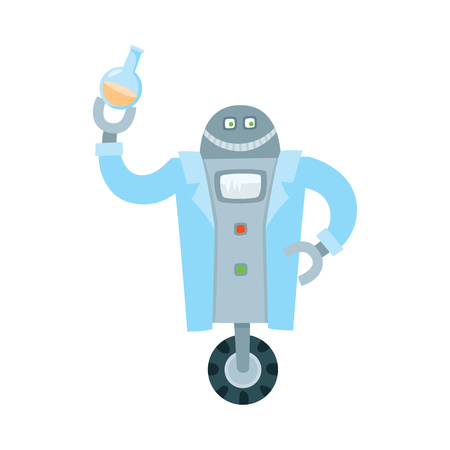 Funny flat robots set, humanoid cleaner on wheels holding fetlock, shovel, laboratory assistant with test-tube, robot playing chess. Modern technology, artificial intelligence isolated vector illustration.のイラスト素材