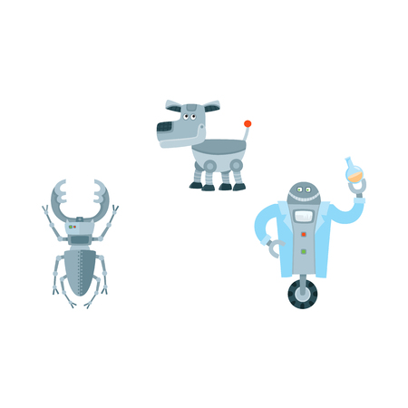 Flat robots set, humanoid cleaner on wheels holding fetlock, shovel, laboratory assistant with test-tube, robot playing chess. Modern technology, artificial intelligence isolated vector illustration.のイラスト素材
