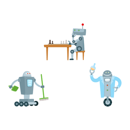 Flat robots set, humanoid cleaner on wheels holding fetlock, shovel, laboratory assistant with test-tube, robot playing chess. Modern technology, artificial intelligence isolated vector illustration.のイラスト素材