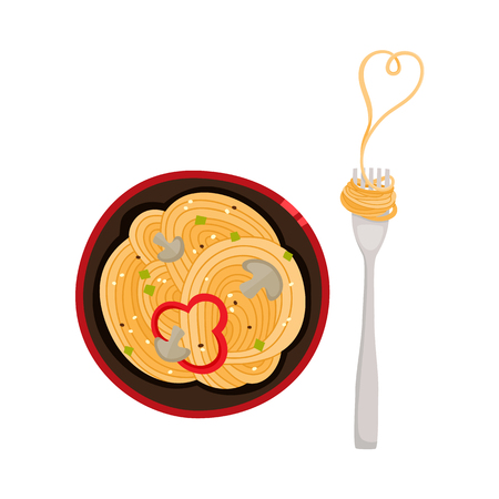 vector flat Asian wok udon noodles with sliced pepper, mushrooms in ceramic pot with fork top view. Stir fry eastern fast food icon for menu design. Isolated illustration on white background.のイラスト素材