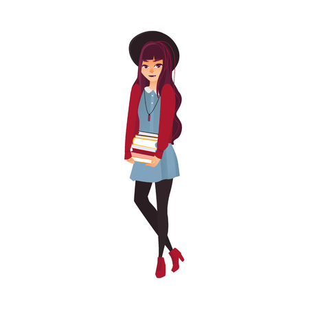 Glamorous student girl, fashion, beauty blogger with a pile of books, flat cartoon vector illustration isolated on white background. Glamorous, beautifully dressed college, university student girlのイラスト素材