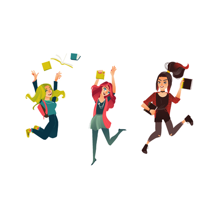Vector cartoon young happy teen student girls jumping with books, throwing textbooks up University college cute female character women in modern casual outfit jeans colored hair. Isolated illustrationのイラスト素材