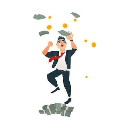Successful businessman in tuxedo, red necktie jumping under money rain near dollar piles. Male character in office corporate clothing smiling. Vector cartoon isolated illustration, white backgroundのイラスト素材