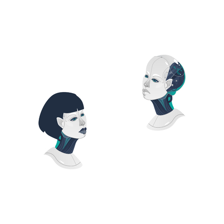 vector cartoon female and male cyborg heads icon. Man and woman with modern technology digital mechanical brain, artificial intelligence. Isolated illustration on a white background.のイラスト素材