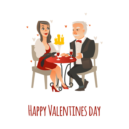 Happy Valentine Day greeting card with elder, senior couple drinking wine in restaurant, flat vector illustration isolated on white background. Valentine greeting card with elder couple in restaurantのイラスト素材