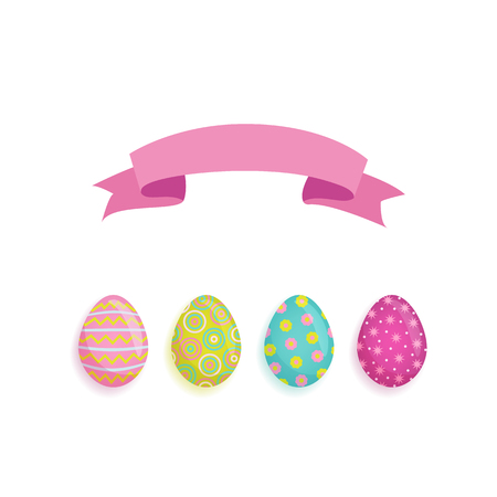 vector flat easter chicken eggs and pink ribbon icon set. Spring holiday decorated festive symbols colored with circles, dots print for your design. Isolated illustration on a white backgroundのイラスト素材