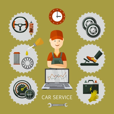 vector flat car service infographic poster with man professional mechanic, car parts repairing process, tools, equipment and laptop with growing performance graph. Illustration on grey background.のイラスト素材