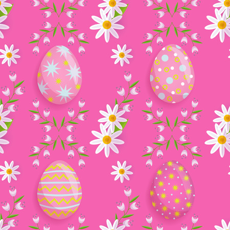 vector easter holiday seamless pattern with spring festive elements - decorated eggs, daisy flowers with leaves for your design. Flat style illustration on pink backgroundのイラスト素材