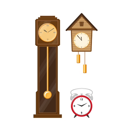 Flat vector vintage wall mounted cuckoo-clock alarm clock, vintage grandfather clock and modern table alarm analog clock icon for your design isolated illustration on a white background.のイラスト素材