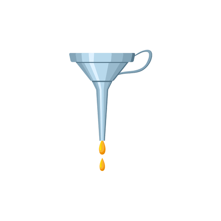 A vector flat car parts, spares service design objects icon. Auto car oil funnel lubricant, motor oil drops . Mechanics maintenance concept. Isolated illustration on a white background.のイラスト素材