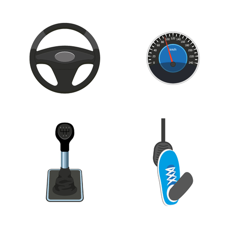 A vector flat car parts, symbols icon set. Steering wheel, foot pressing pedal, speedometer, gearshift, transmission stick. Isolated illustration on a white background.のイラスト素材