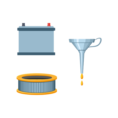 A vector flat car parts, symbols icon set. Auto accumulator, car battery, engine air, oil filter, oil funnel lubricant. Isolated illustration on a white background.のイラスト素材