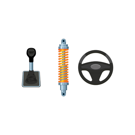 A vector flat car parts, symbols icon set. Auto steering wheel, car damper, shock absorber, car manual, automatic gear box, transmission speed shift stick. Isolated illustration on a white background.のイラスト素材
