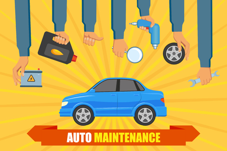 A vector flat car service, auto maintenance, repair info graphic poster with handyman worker hand in uniform holding mechanic tools engine oil canister, wrench, battery accumulator. Isolated illustrationのイラスト素材