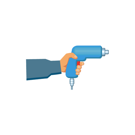 A vector flat car service design objects icon. Handyman hand in uniform holding electric automatic screwdriver with wire. Mechanics maintenance concept. Isolated illustration on a white background.のイラスト素材