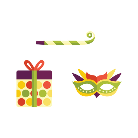 Vector flat birthday celebration symbols icon set. Festive, decorated party mask, present box in bright wrapping, party whistle, noisemaker or blower. Isolated illustration on a white backgroundのイラスト素材