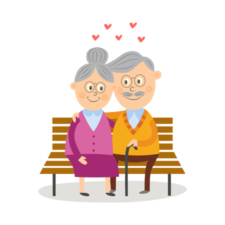 Funny old, elder, senior couple sitting on park bench, hugging, looking at each other with love, comic vector illustration isolated on white background. Funny old couple sitting together on benchのイラスト素材