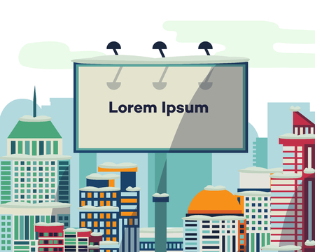 Advertising billboard with place for text in front of modern buildings, city, urban cityscape, flat style vector illustration. Downtown city, modern buildings, skyline and billboardのイラスト素材