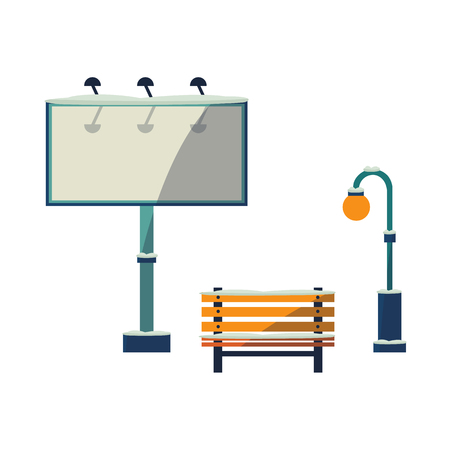 A Vector flat urban landscape background design elements icon set. Streetlight, lamppost or lantern, street bench, billboard with lamps. Isolated illustration on a white background.のイラスト素材