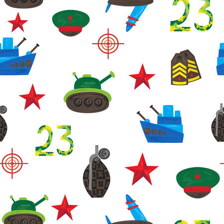 Vector flat army, military, 23 of February, Russian Defender of the Fatherland Day seamless pattern. military warship boat, shoulder straps, peakless cap red star tank, aircraft. Isolated illustration.のイラスト素材