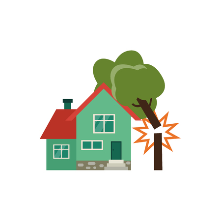 Broken tree falling on two-storied cottage house, property insurance icon, flat vector illustration isolated on white background.のイラスト素材