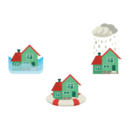 Vector flat house insurance concept set. Private house being protecting from flood disasters by inflatable ring, damaged by snowfall, flood. Natural disaster insurance. Isolated illustration.のイラスト素材