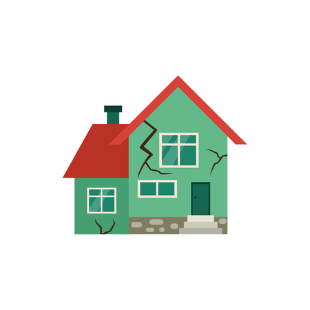 Vector flat house insurance concept. House being damaged by earthquake. Natural disaster insurance scene. Isolated illustration on a white backgroundのイラスト素材