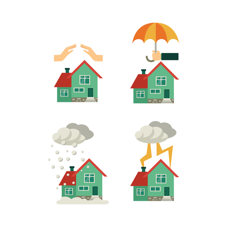 Vector flat house insurance concept set. House being damaged by wind, pouring rain, lighting. Hands, umbrella protecting house. Natural disaster insurance scene. Isolated illustration white background.のイラスト素材