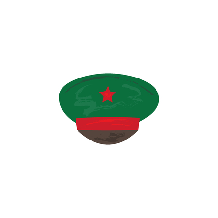 Vector flat army, military, 23 of February, Russian Defender of the Fatherland Day symbol icon - military peakless green cap with red star. Isolated illustration, white background.のイラスト素材