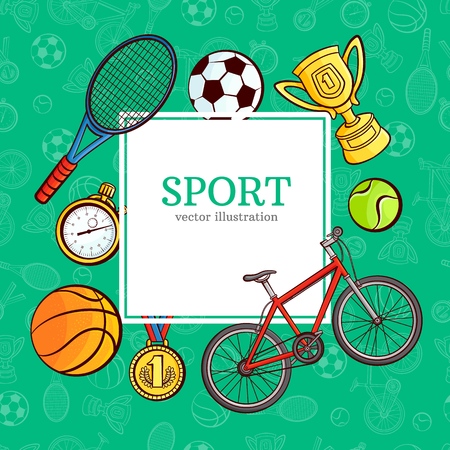 Sketch sport symbols vector icon pattern, poster template. Detailed bicycle mountain bike, first place gold medal, golden cup, trophy, stopwatch, football, basketball, tennis ball racket illustration.のイラスト素材