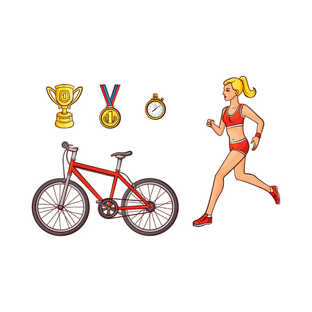 Vector flat sketch sport symbols icon set. Sportive running girl, detailed bicycle, red mountain bike, first place gold medal, golden cup, trophy, stopwatch. Isolated illustration white backgroundのイラスト素材