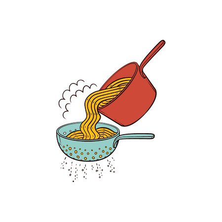 Cooking pasta - when spaghetti is cooked, drain it in colander, hand drawn vector illustration isolated on white background. Putting cooked spaghetti from pan into pasta strainer to drain waterのイラスト素材