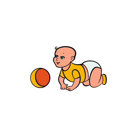 Cute little baby kid, infant, child in diaper crawling on the floor, playing with a ball, hand-drawn vector illustration isolated on white background. Drawing of crawling Caucasian baby, kid in diaperのイラスト素材
