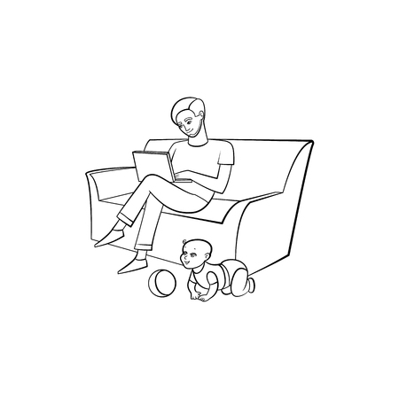Vector cartoon people working from home, remote, freelance work . Adult man sitting at sofa, laptop at knees typing with infant baby playing with ball around. Isolated monochrome illustrationのイラスト素材