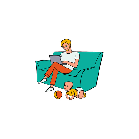 Vector cartoon people working from home, remote, freelance work. Adult man sitting at sofa, laptop at knees typing with infant baby playing with ball around. Isolated illustration, white backgroundのイラスト素材