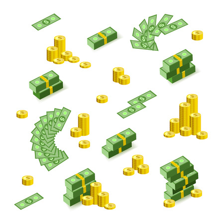 Vector flat isometric cash money piles. Bank dollar banknotes, golden coins stack. Business finance savings profit success, jackpot, banking loan credit symbol. Isolated illustration, white backgroundのイラスト素材