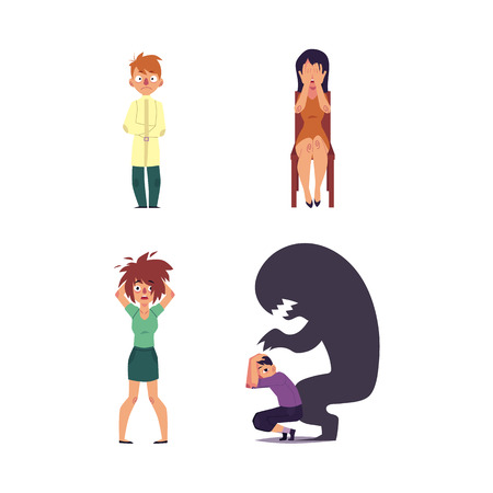 vector flat mental illness set. Woman with depression sitting at chair crying, girl with mental anxiety problem holding disheveled hair, male character sitting with monster shadow, man in straitjacketのイラスト素材