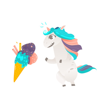 Funny unicorn character eager, wanting to eat an ice cream cone, flat cartoon vector illustration isolated on white background. Portrait of unicorn character with rainbow mane and giant ice cream coneのイラスト素材