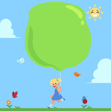 Cute little girl running with big balloon in hand, summer scene, cartoon vector illustration, banner template with place for text. Happy little girl running outside with big balloon in handのイラスト素材