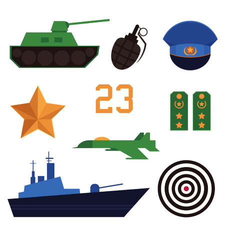 Set of flat army, military objects, Russian Defender of Fatherland Day holiday icons - tank, battleship, airplane, grenade, cap, straps, target, star, vector illustration isolated on white backgroundのイラスト素材