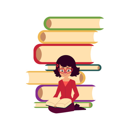Pile of books and young woman, girl, adult sitting and reading, flat cartoon vector illustration isolated on white background. Pile of books and front view portrait of reading girl, woman in glassesのイラスト素材