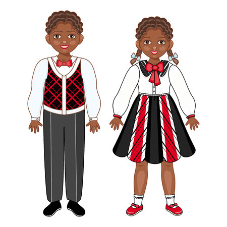 Vector flat african black boy and girl kids friends standing smiling. Male, female characters in festive clothing with happy expression. Isolated illustration, white background.のイラスト素材